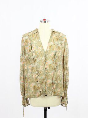 PAIGE Green Orange Ikat Floral 100% Silk Chiffon Ruffle V-Neck Blouse, Size S